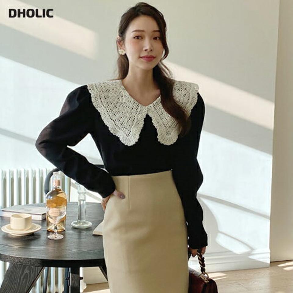 ビッグレースカラーパフブラウス・全2色・t71214 レディース 【bl】トップス ブラウス 長袖 パフスリーブ パフ袖 ビッグレース 襟 フェミニン 大人 襟コン ユニーク レース襟 かわいい モダン パフショルダー 秋 冬 韓国ファッション ハイホリHIHOLLI