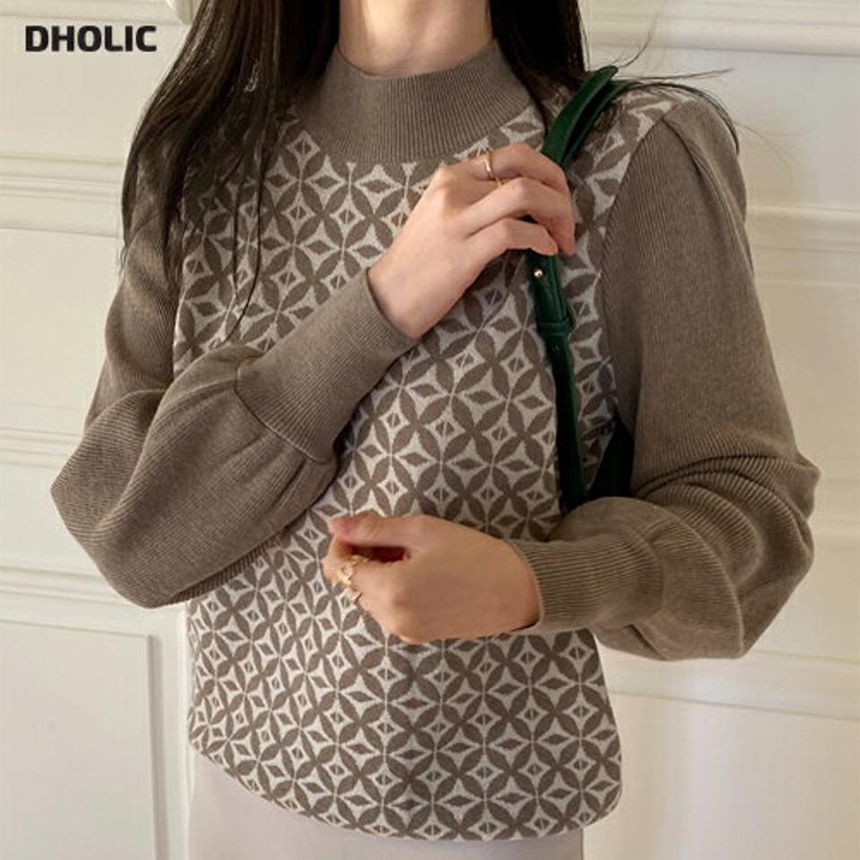 ハーフネックレトロパターンニット・全3色・b71219 レディース 【tops】トップス ニット 長袖 ニットトップス 総柄 柄ニット ウール ハーフネック 大人 シック パフスリーブ パフ袖 コントスト 秋 冬 韓国ファッション ハイホリHIHOLLI