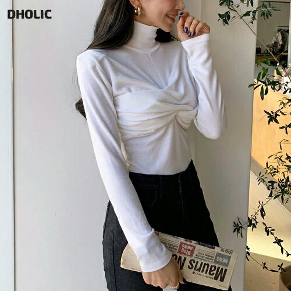 ツイストハイネックTシャツ・全4色・t66312 レディース 【tops】韓国ファッション トップス Tシャツ 大人 長袖 ハイネック ツイスト 肩パッド 異素材 無地 シンプル 体型カバー フェミニン カジュアル 秋 冬