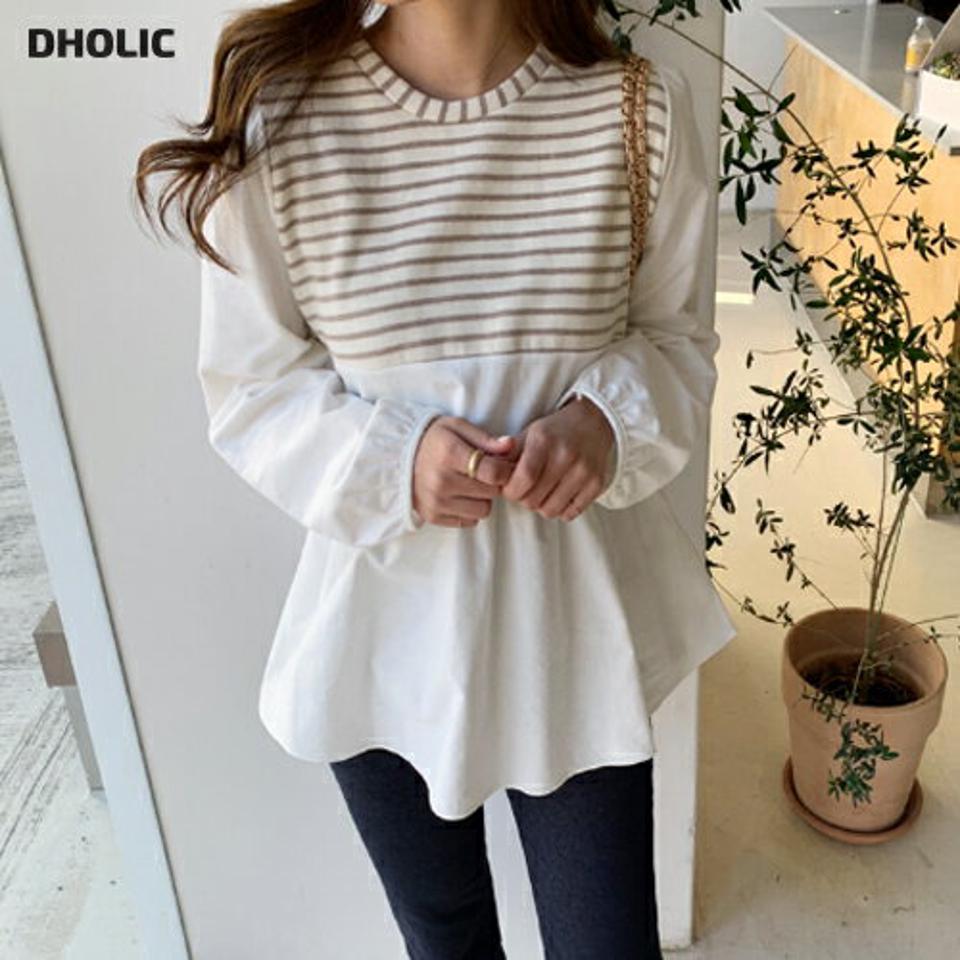 裏起毛ボーダーコントラストTシャツ・全2色・b66314 レディース 【tops】韓国ファッション トップス Tシャツ 大人 長袖 ラウンドネック 裏起毛 ボーダー コントラスト ギャザー シンプル 体型カバー フェミニン カジュアル デイリー 秋 冬