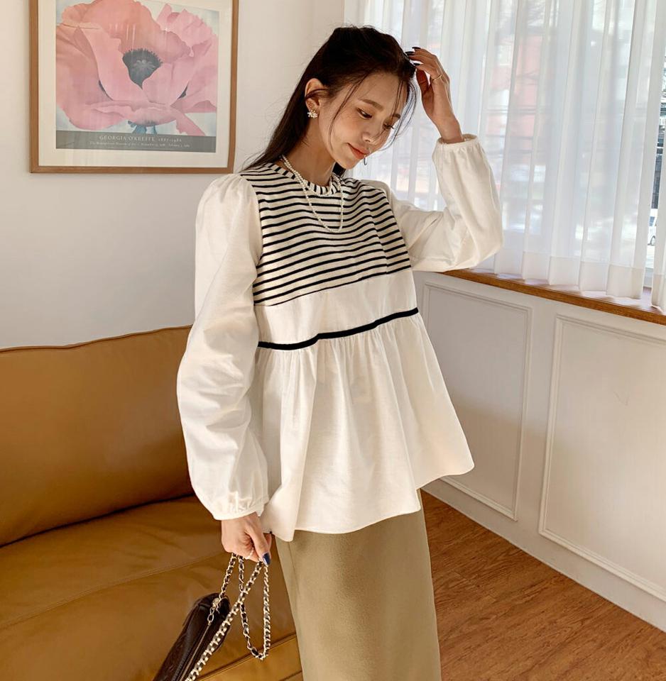 裏起毛ボーダーコントラストTシャツ・全2色・b66314 レディース 【tops】韓国ファッション トップス Tシャツ 大人 長袖 ラウンドネック 裏起毛 ボーダー コントラスト ギャザー シンプル 体型カバー フェミニン カジュアル デイリー 秋 冬