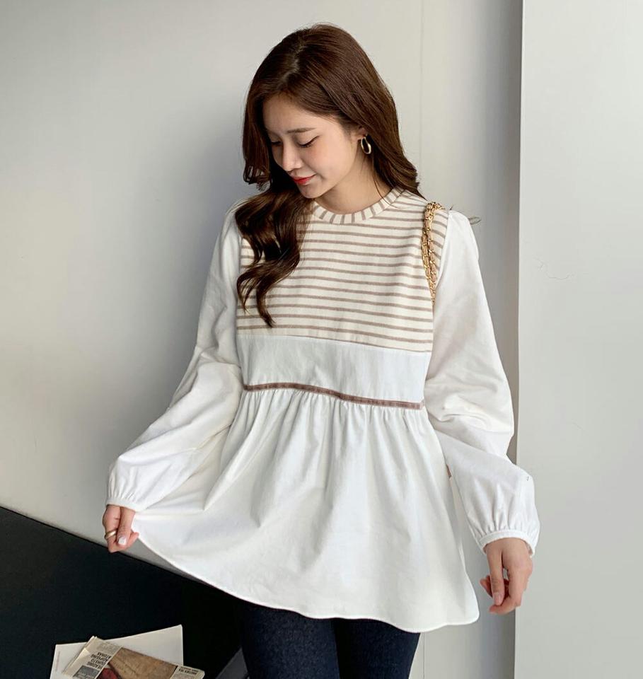 裏起毛ボーダーコントラストTシャツ・全2色・b66314 レディース 【tops】韓国ファッション トップス Tシャツ 大人 長袖 ラウンドネック 裏起毛 ボーダー コントラスト ギャザー シンプル 体型カバー フェミニン カジュアル デイリー 秋 冬