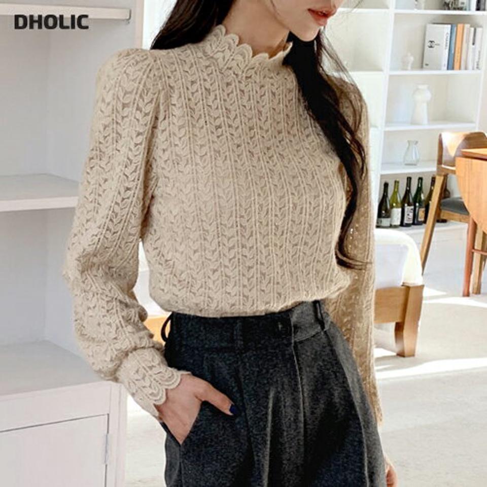 起毛レースブラウス・全4色・b66315 レディース 【bl】韓国ファッション トップス ブラウス 長袖 ハーフネック 起毛 リーフ柄 レース パフスリーブ カフス シンプル 大人 体型カバー カジュアル フェミニン 秋 冬