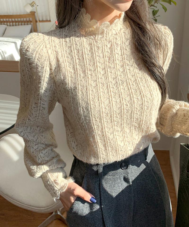 起毛レースブラウス・全4色・b66315 レディース 【bl】韓国ファッション トップス ブラウス 長袖 ハーフネック 起毛 リーフ柄 レース パフスリーブ カフス シンプル 大人 体型カバー カジュアル フェミニン 秋 冬