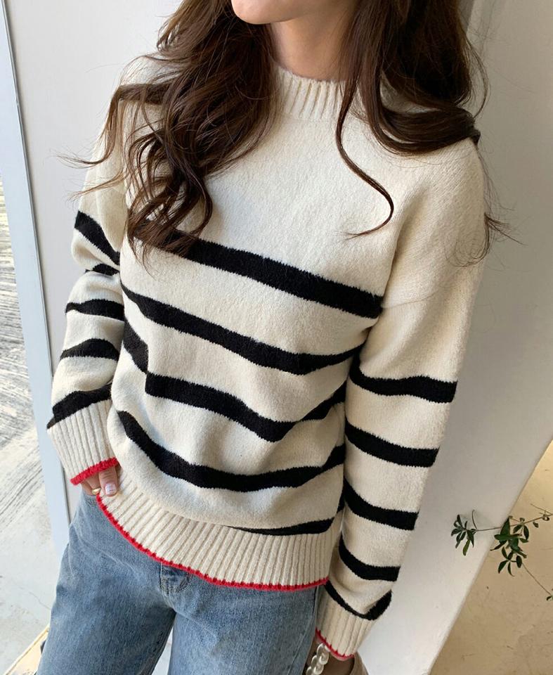 即日配送 ボーダーコントラストニット・全2色・b66316 レディース 【tops】韓国ファッション トップス ニット 大人 長袖 ラウンドネック ボーダー コントラスト シンプル ドロップショルダー ルーズ 体型カバー フェミニン カジュアル デイリー 秋 冬