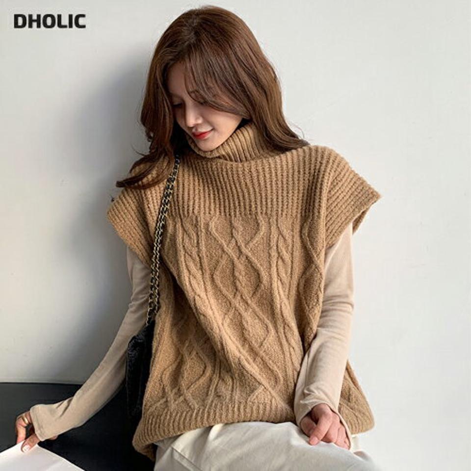 タートルネックニットベスト・全4色・t66322 レディース 【tops】韓国ファッション トップス ニット ベスト 大人 タートルネック ミドルゲージ ケーブル編み ウール混 シンプル 体型カバー フェミニン カジュアル 高級感 秋 冬