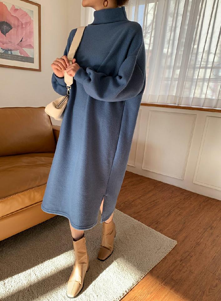 即日配送 起毛ハーフネックワンピース・全3色・t66338 レディース 【ops】韓国ファッション ワンピース ロング ロングワンピース 長袖 ハーフネック 起毛 ストレート ロング丈 ワンマイルウェア 無地 ベーシック シンプル 体型カバー カジュアル 秋 冬