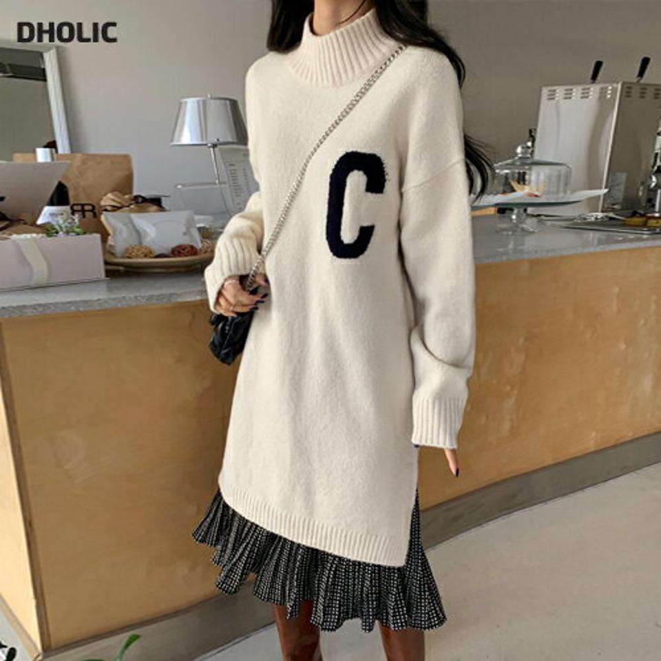 Cロゴニットワンピース・全3色・t66340 レディース 【ops】韓国ファッション ワンピース ロング ロングワンピース 長袖 ハーフネック ロゴ ニットワンピース スリット アンバランス ドロップショルダー ロング丈 シンプル 体型カバー カジュアル 秋 冬