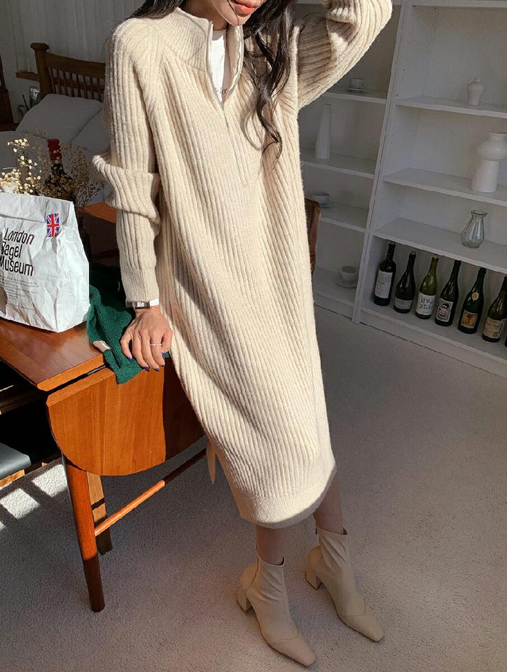 ハーフジップニットワンピース・全3色・t66342 レディース 【ops】韓国ファッション ワンピース ロングワンピース 長袖 タートルネック ハーフジップ ニットワンピース ロング丈 ルーズ 無地 シンプル カジュアル 秋 冬