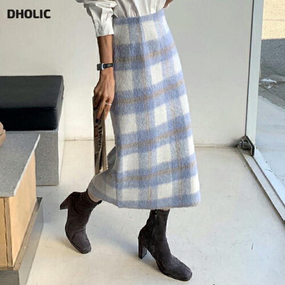 ウール混チェックスカート・全3色・t66324 レディース 【sk】韓国ファッション ボトムス スカート ロング ロングスカート パステル チェック柄 Iライン スリット ロング丈 シンプル 大人 ガーリー カジュアル フェミニン 体型カバー 秋 冬
