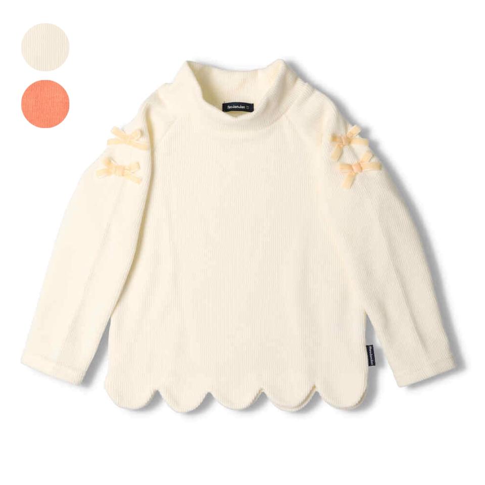 袖リボン付裾スカラップハイネックＴシャツ