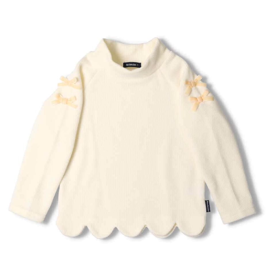 袖リボン付裾スカラップハイネックＴシャツ