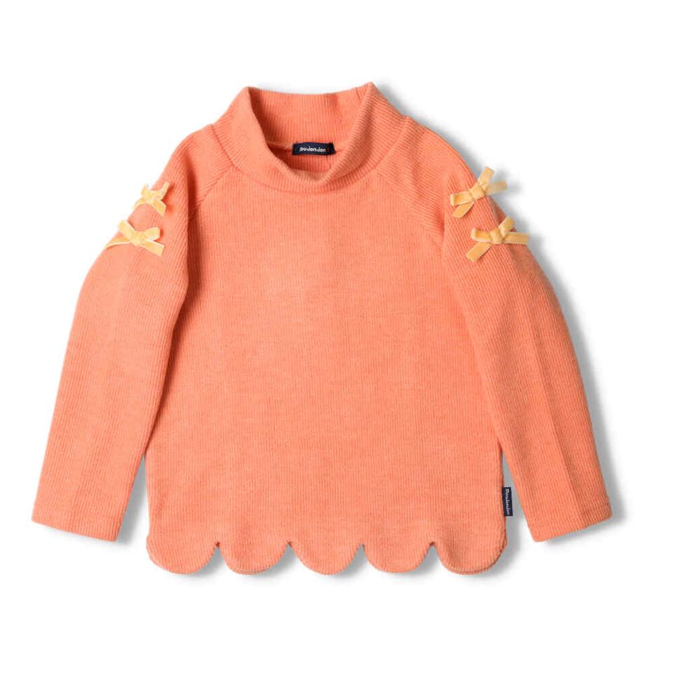 袖リボン付裾スカラップハイネックＴシャツ