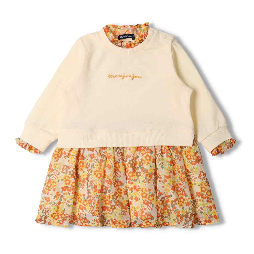 ミニ裏毛シフォン小花柄重ね着風ワンピース