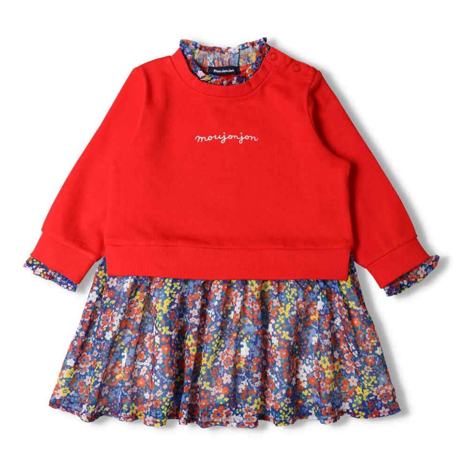 ミニ裏毛シフォン小花柄重ね着風ワンピース