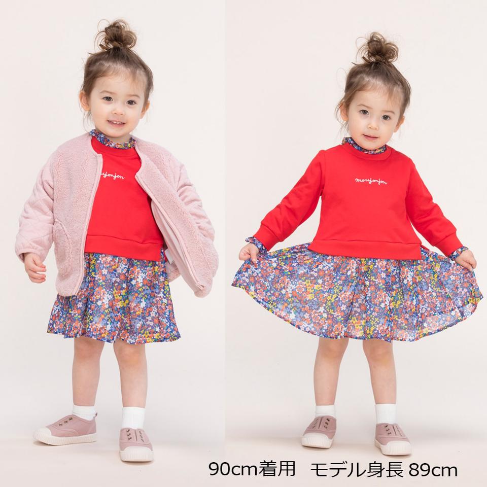 ミニ裏毛シフォン小花柄重ね着風ワンピース