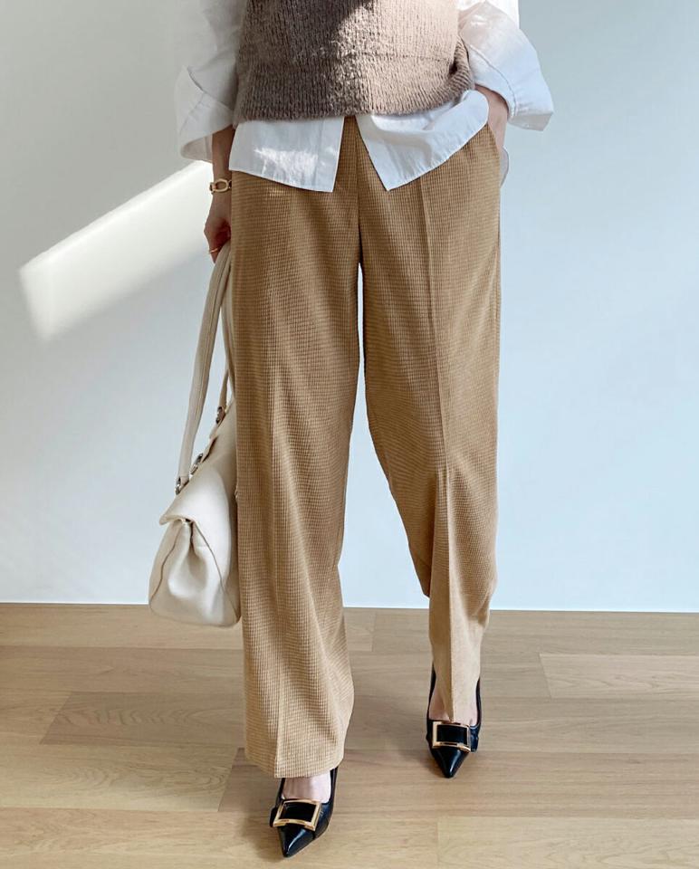 ワッフルコーデュロイワイドパンツ・全3色・t71200 レディース 【pt】パンツ ズボン ロングパンツ ワイドパンツ コーデュロイ 単色 シンプル カジュアル ワッフル ラフ 大人 秋 冬 韓国ファッション ハイホリHIHOLLI
