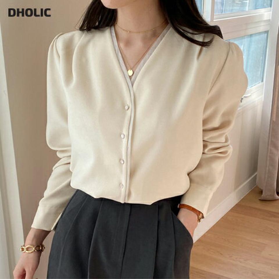 即日配送 スエード調Vネックボタンブラウス・全2色・t71284 レディース 【bl】トップス ブラウス 長袖 Vネック 単色 無地 シンプル 大人 グリーン みどり 緑 秋 冬 韓国ファッション ハイホリHIHOLLI