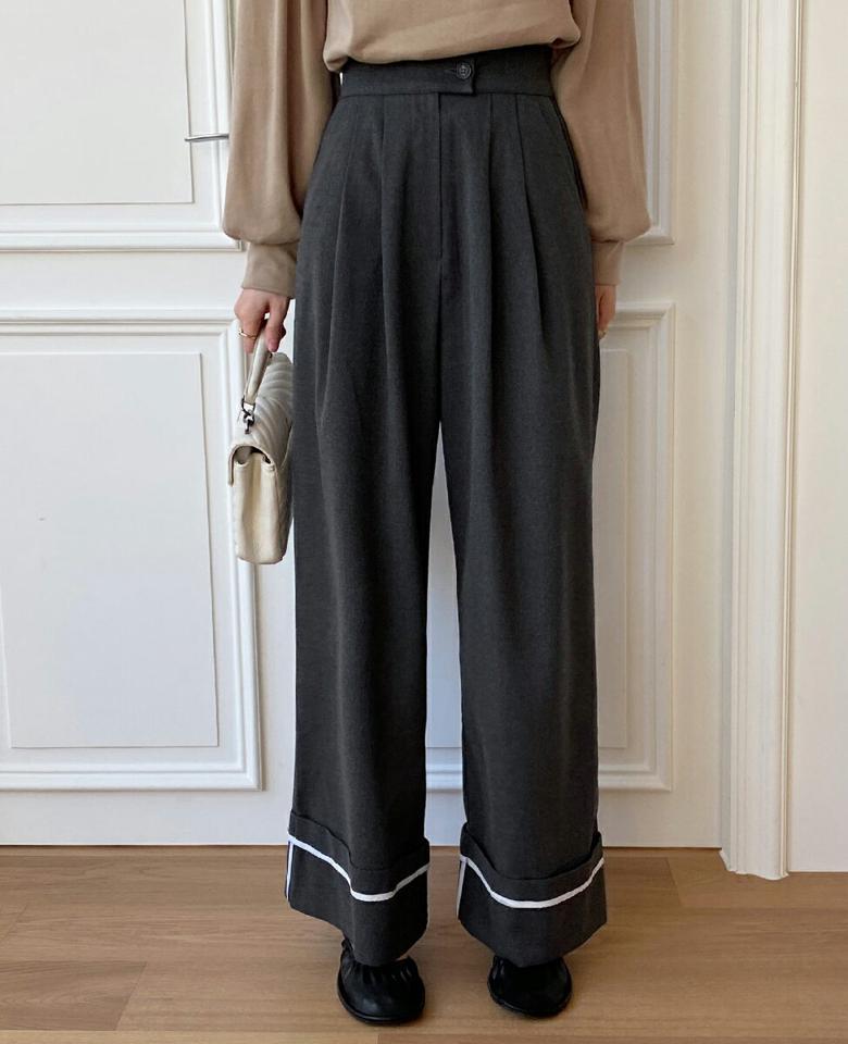 ロールアップ配色ヘムワイドパンツ・全4色・t71197 レディース 【pt】パンツ ズボン ロングパンツ ワイドパンツ 配色 ロールアップ 大人 カジュアル スラックス ワイドスラックス ユニーク カジュアル 秋 冬 韓国ファッション ハイホリHIHOLLI