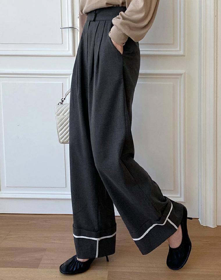 ロールアップ配色ヘムワイドパンツ・全4色・t71197 レディース 【pt】パンツ ズボン ロングパンツ ワイドパンツ 配色 ロールアップ 大人 カジュアル スラックス ワイドスラックス ユニーク カジュアル 秋 冬 韓国ファッション ハイホリHIHOLLI