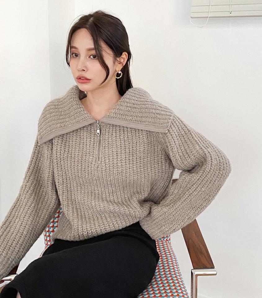 ルーズフィットハーフジップニット・全3色・t71184 レディース 【tops】トップス ニット 長袖 ハーフジップ 襟 カラーニット カジュアル ラフ 単色 無地 シンプル ゆったり パステル ハイネック 大人 アクリルニット 冬 韓国ファッション ハイホリHIHOLLI