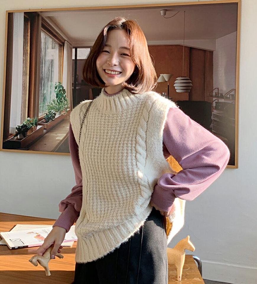 ハーフネックケーブル編みニットベスト・全5色・t65932 レディース 【tops】韓国ファッション トップス ニット ベスト ニットベスト 大人 長袖 ハーフネック ケーブル編み シンプル ルーズ フェミニン カジュアル 秋 冬