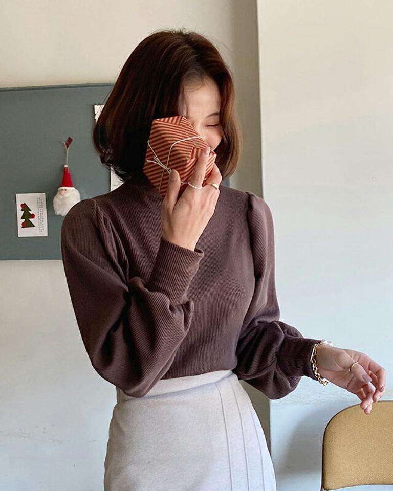 裏起毛パフハーフネックTシャツ・全6色・e65956 レディース 【tops】韓国ファッション トップス Tシャツ 大人 長袖 ハーフネック 裏起毛 パフスリーブ 無地 シンプル フェミニン カジュアル デイリー 秋 冬