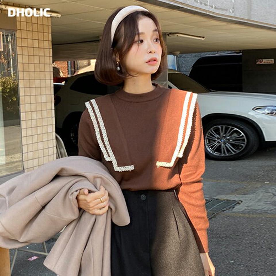 フリルレースラインニット・全3色・b65928 レディース 【tops】韓国ファッション トップス ニット 大人 長袖 ラウンドネック フリル レース シンプル リブ 異素材 体型カバー フェミニン カジュアル 秋 冬