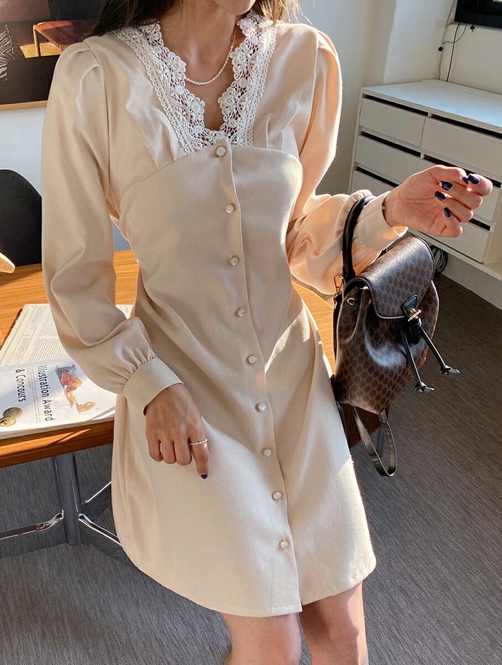 起毛Vネックレースミニワンピース・全3色・t65934 レディース 【ops】韓国ファッション ワンピース ミニ ミニワンピース 長袖 Vネック 起毛 レース パフスリーブ リボン 大人 ミニ丈 シンプル 体型カバー カジュアル 秋 冬