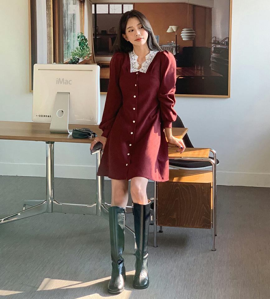 起毛Vネックレースミニワンピース・全3色・t65934 レディース 【ops】韓国ファッション ワンピース ミニ ミニワンピース 長袖 Vネック 起毛 レース パフスリーブ リボン 大人 ミニ丈 シンプル 体型カバー カジュアル 秋 冬