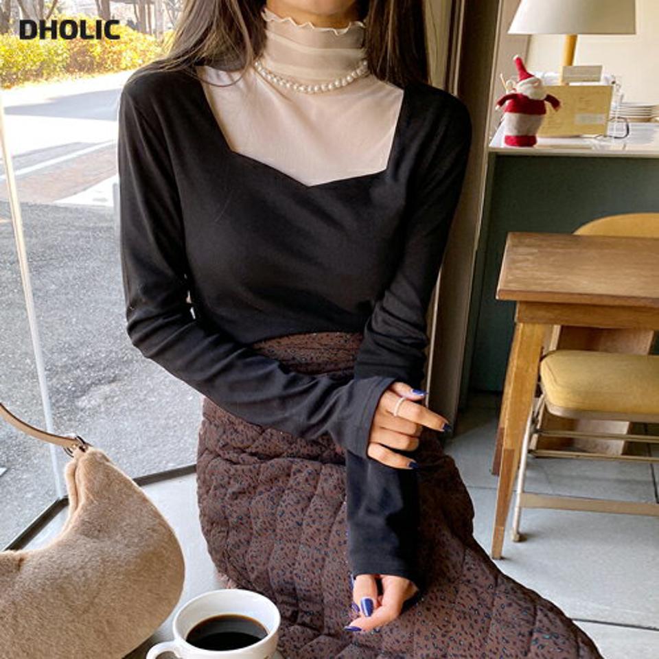 裏起毛ハートネックTシャツ・全3色・b65919 レディース 【tops】韓国ファッション トップス Tシャツ 大人 長袖 ハートネック 裏起毛 無地 シンプル 体型カバー フェミニン カジュアル デイリー 秋 冬