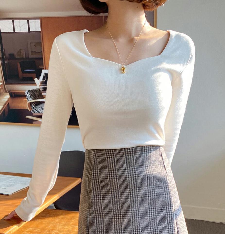 裏起毛ハートネックTシャツ・全3色・b65919 レディース 【tops】韓国ファッション トップス Tシャツ 大人 長袖 ハートネック 裏起毛 無地 シンプル 体型カバー フェミニン カジュアル デイリー 秋 冬