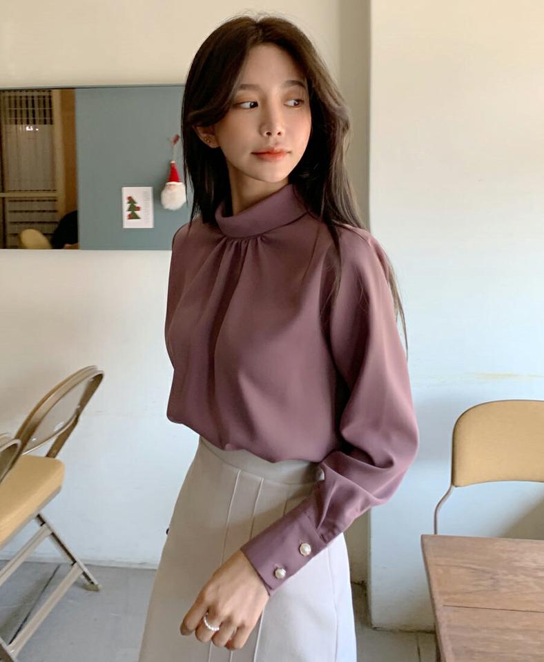 【マラソン特価】ハイネックギャザーブラウス・全3色・b65927 レディース 【bl】韓国ファッション トップス ブラウス 長袖 ハイネック ギャザー カフス ボタン 無地 シンプル 大人 体型カバー カジュアル フェミニン 秋 冬 セール