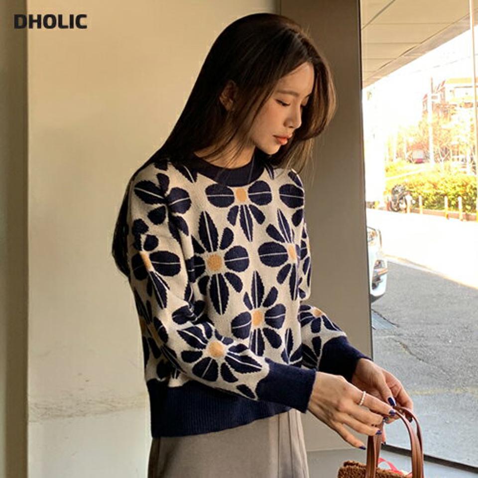 ビッグフローラルニット・全3色・b65929 レディース 【tops】韓国ファッション トップス ニット 大人 長袖 ラウンドネック 花柄 フラワー フローラル 柄ニット シンプル ルーズ フェミニン カジュアル 秋 冬