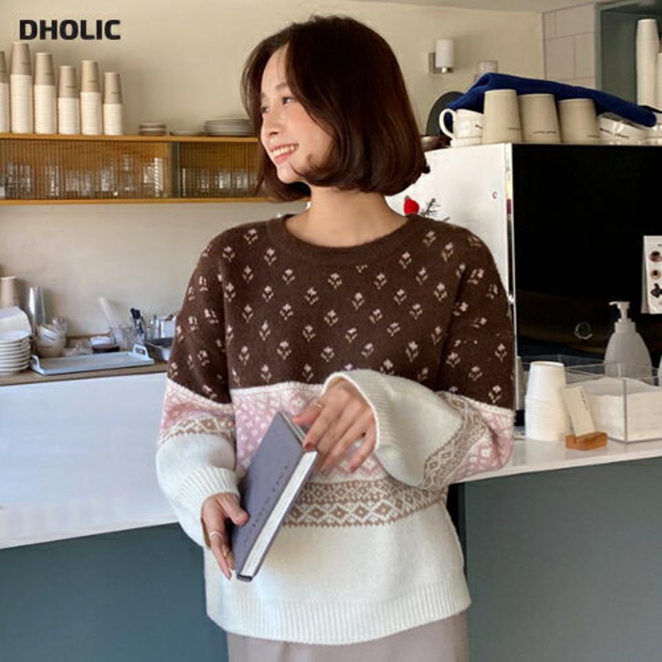 【只今10%OFF】マルチパターンラウンドニット・全3色・t65930 レディース 【tops】韓国ファッション トップス ニット 大人 長袖 ラウンドネック ダイヤパターン 花柄 フラワー 柄ニット シンプル ルーズ 体型カバー フェミニン カジュアル 秋 冬【ニットセール】
