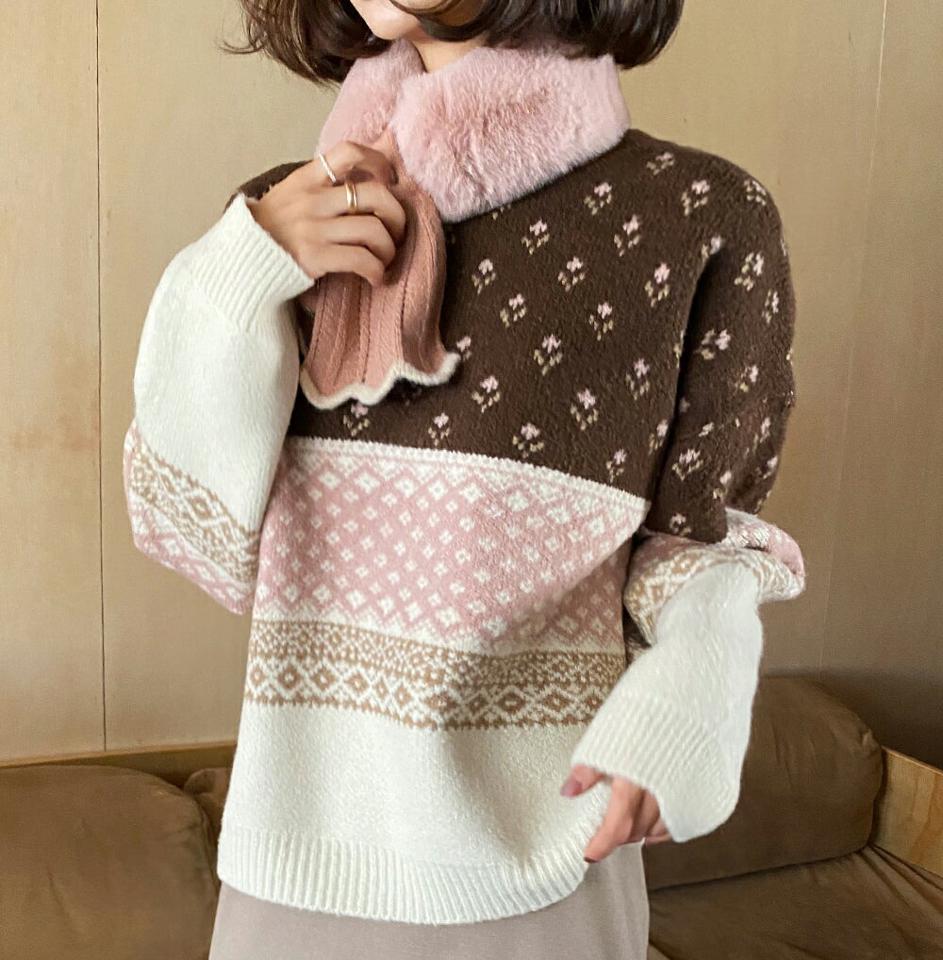 【只今10%OFF】マルチパターンラウンドニット・全3色・t65930 レディース 【tops】韓国ファッション トップス ニット 大人 長袖 ラウンドネック ダイヤパターン 花柄 フラワー 柄ニット シンプル ルーズ 体型カバー フェミニン カジュアル 秋 冬【ニットセール】