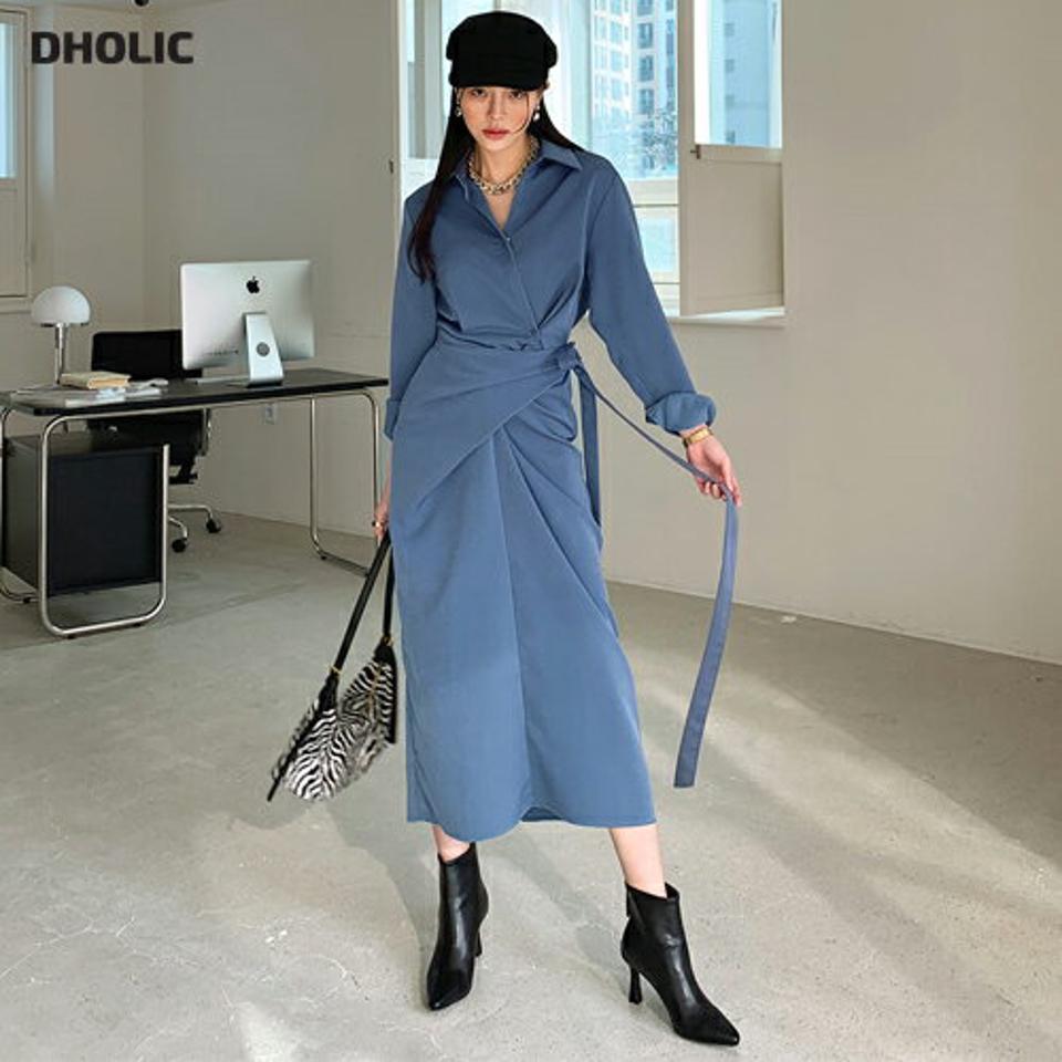 ラップロングシャツワンピース・全3色・t00459 レディース 【ops】ワンピース ロング丈 ロングワンピース 長袖 シャツワンピース ラップデザイン ウエストマーク ストラップ バックスリット 大人 クロス 秋 冬 韓国ファッション ハイホリHIHOLLI