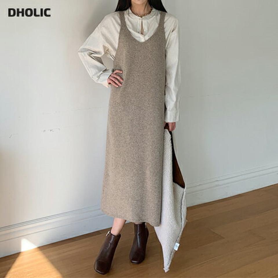 Vネック2WAYノースリニットワンピース・全4色・b00458 レディース 【ops】ワンピース ロング丈 ロングワンピース スリーブレス ノースリーブ レイヤード Vネック ウール 単色 無地 シンプル Iライン 秋 冬 韓国ファッション ハイホリHIHOLLI