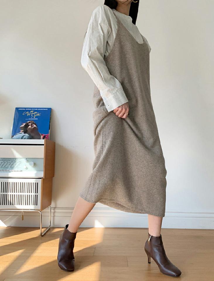Vネック2WAYノースリニットワンピース・全4色・b00458 レディース 【ops】ワンピース ロング丈 ロングワンピース スリーブレス ノースリーブ レイヤード Vネック ウール 単色 無地 シンプル Iライン 秋 冬 韓国ファッション ハイホリHIHOLLI