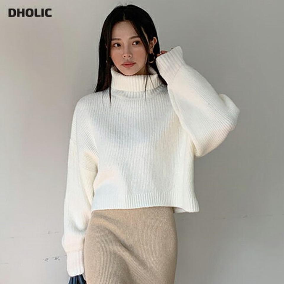 タートルネッククロップドニット・全4色・t00457 レディース 【tops】トップス ニット 長袖 クロップド丈 短丈 タートルネック ハイネック 単色 無地 ベーシック ゆったり 萌え袖 ショート丈 オーバーサイズ 秋 冬 韓国ファッション ハイホリHIHOLLI