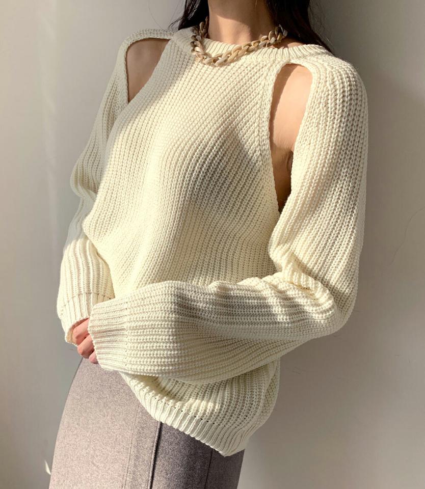 ラグランショルダースリットニット・全5色・t00456 レディース 【tops】トップス ニット 長袖 スリット カットアウト ラグラン 単色 無地 シンプル ユニーク カジュアル ラフ ニットトップス 秋 冬 韓国ファッション ハイホリHIHOLLI