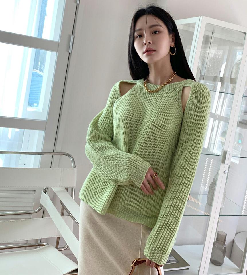 ラグランショルダースリットニット・全5色・t00456 レディース 【tops】トップス ニット 長袖 スリット カットアウト ラグラン 単色 無地 シンプル ユニーク カジュアル ラフ ニットトップス 秋 冬 韓国ファッション ハイホリHIHOLLI