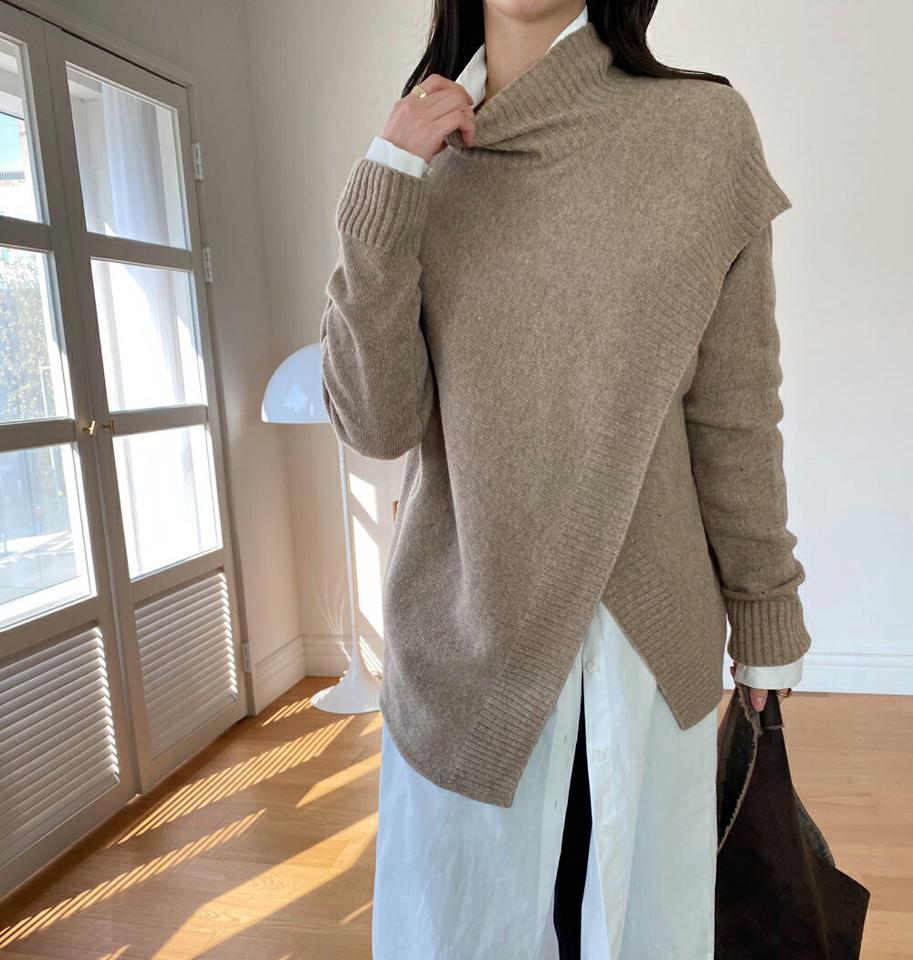 ダイアゴナルスリットニット・全4色・b00455 レディース 【tops】トップス ニット 長袖 スリット 単色 無地 シンプル カジュアル ユニーク ウール ハイネック ラフ 大人 冬 韓国ファッション ハイホリHIHOLLI