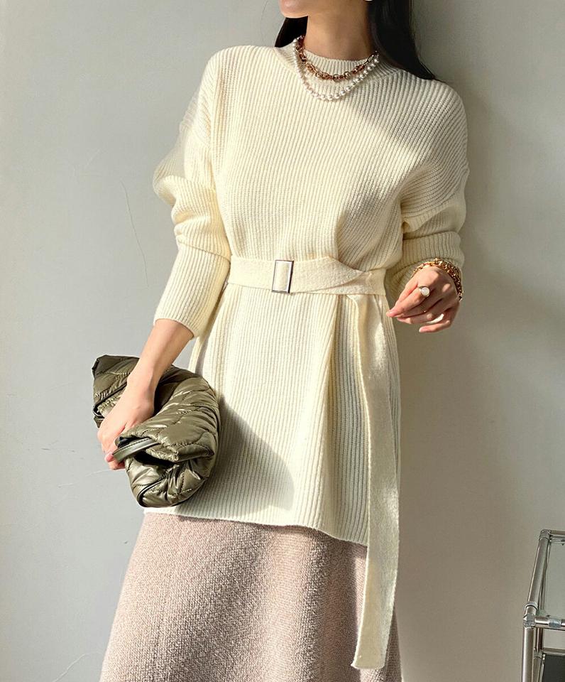 ベルト付ストレートロングニット・全4色・t00486 レディース 【tops】トップス ニット 長袖 ロング丈 ロングニット ストレート ベルト 単色 無地 シンプル カジュアル ベーシック ラフ 秋 冬 韓国ファッション ハイホリHIHOLLI