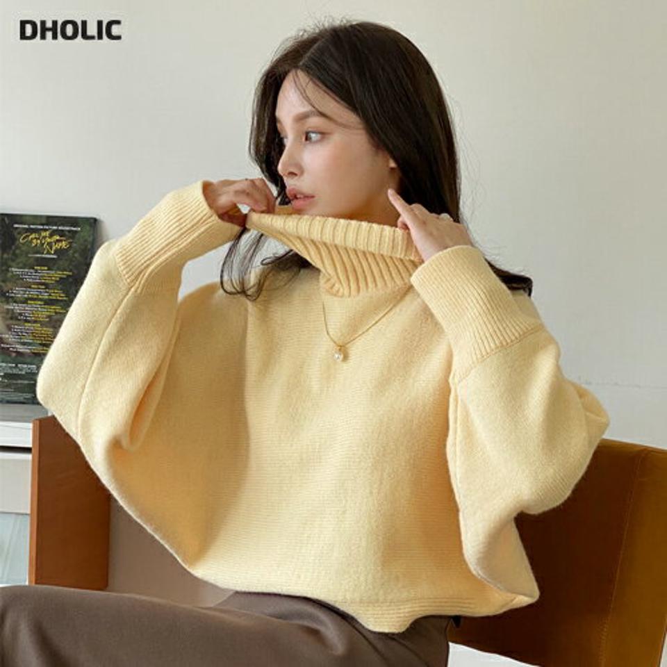 タートルネックドルマンニット・全6色・t00454 レディース 【tops】トップス ニット 長袖 ドルマンスリーブ タートルネック ハイネック 単色 無地 シンプル カラーニット ベーシック 大人 クロップド丈 短丈 パステル くすみ ウール 秋 冬 韓国ファッション ハイホリHIHOLLI