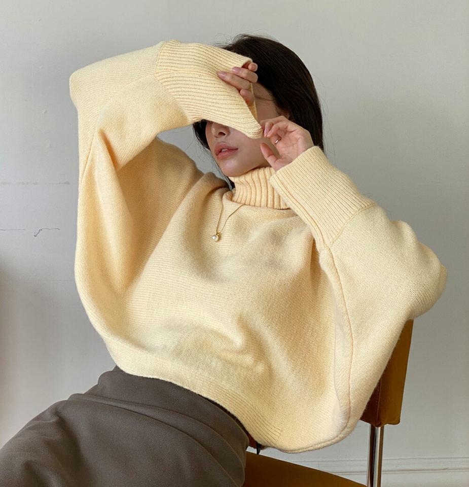 タートルネックドルマンニット・全6色・t00454 レディース 【tops】トップス ニット 長袖 ドルマンスリーブ タートルネック ハイネック 単色 無地 シンプル カラーニット ベーシック 大人 クロップド丈 短丈 パステル くすみ ウール 秋 冬 韓国ファッション ハイホリHIHOLLI