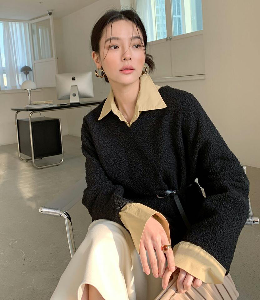 裏起毛VネックボアTシャツ・全3色・t00451 レディース 【tops】トップス 長袖 ボア 裏起毛 Vネック 単色 無地 シンプル カジュアル ラフ もこもこ 冬 韓国ファッション ハイホリHIHOLLI