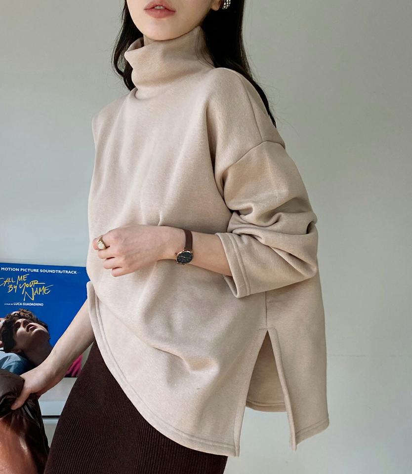 裏起毛タートルロングTシャツ・全4色・t00482 レディース 【tops】トップス Tシャツ 長袖 ロング丈 タートルネック ハイネック 裏起毛 単色 無地 シンプル ラフ ベーシック 冬 韓国ファッション ハイホリHIHOLLI