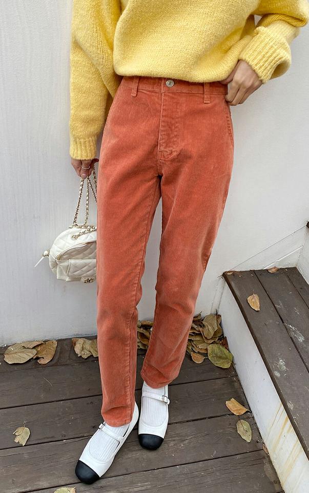 コーデュロイストレートパンツ・全5色・t63290 レディース 【pt】韓国ファッション ボトムス ロング ロングパンツ コーデュロイ ストレートパンツ カラーパンツ スリム 厚手 ポケット 体型もカバー 無地 シンプル カジュアル オレンジ ハロウィン 秋 冬