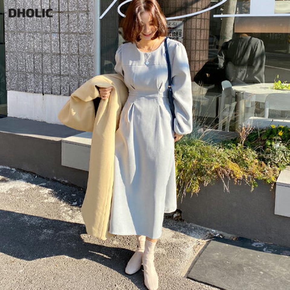 バックリボンラウンドワンピース・全4色・t63303 レディース 【ops】韓国ファッション ワンピース ロング ロングワンピース 長袖 ラウンドネック リボン ギャザー フレア ロング丈 無地 シンプル 体型カバー カジュアル 秋 冬